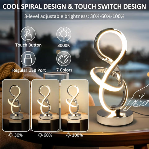 Decorative table lamp with cool spiral design and touch switch features, shown with adjustable brightness levels.