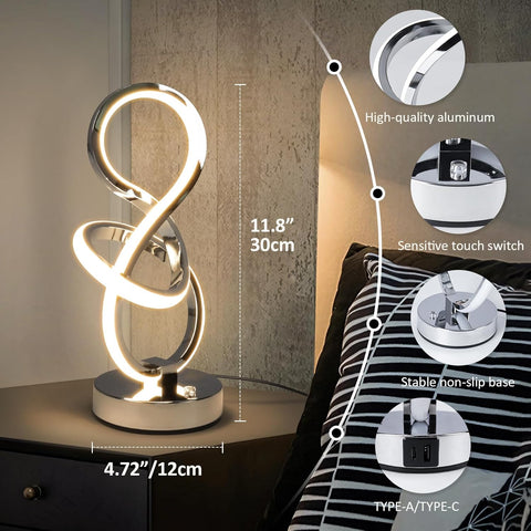 Decorative table lamp with dimensions and features on a bedside table.