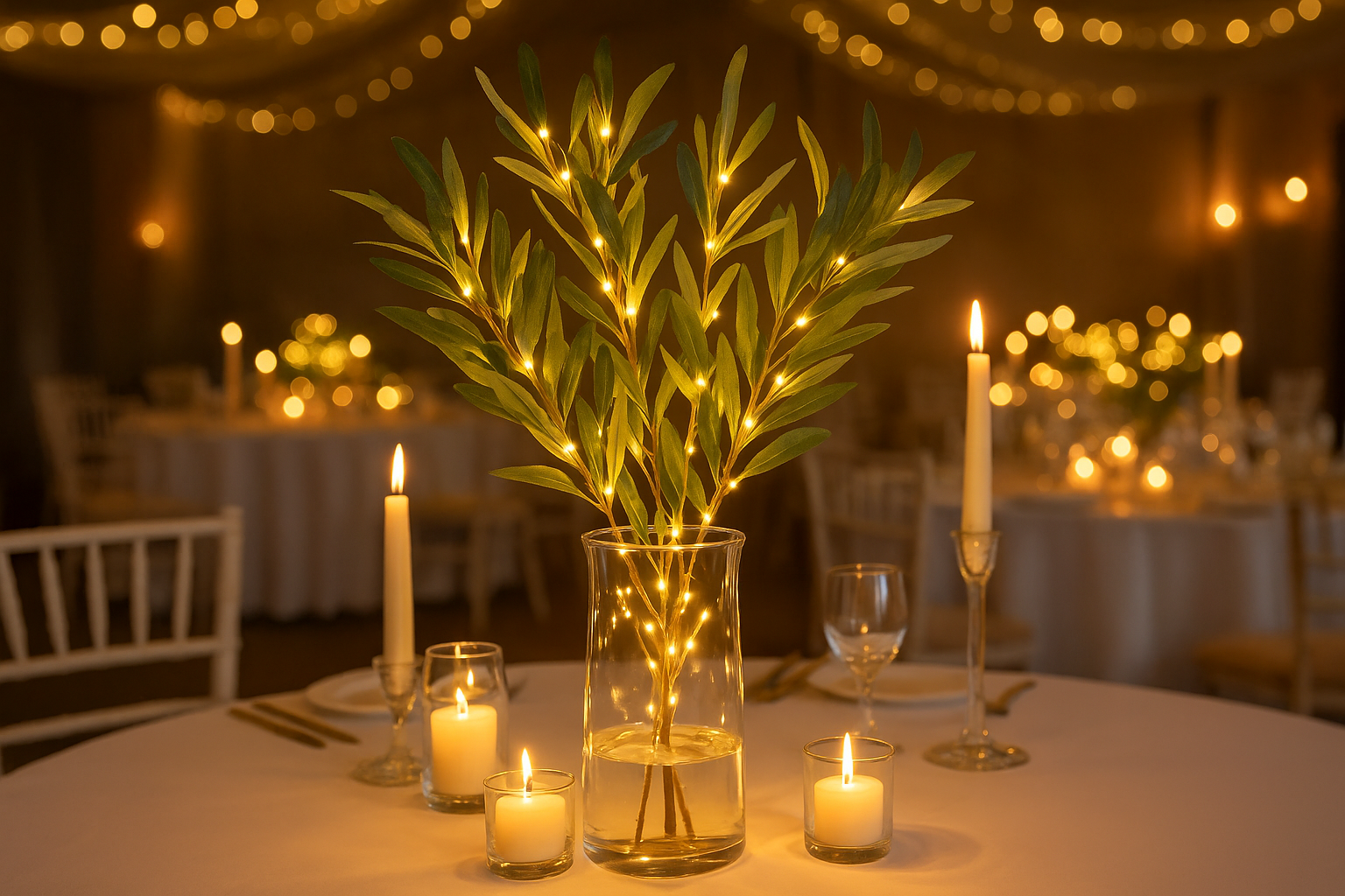 Decorative table setting with candles and a vase of greenery in a softly lit room.