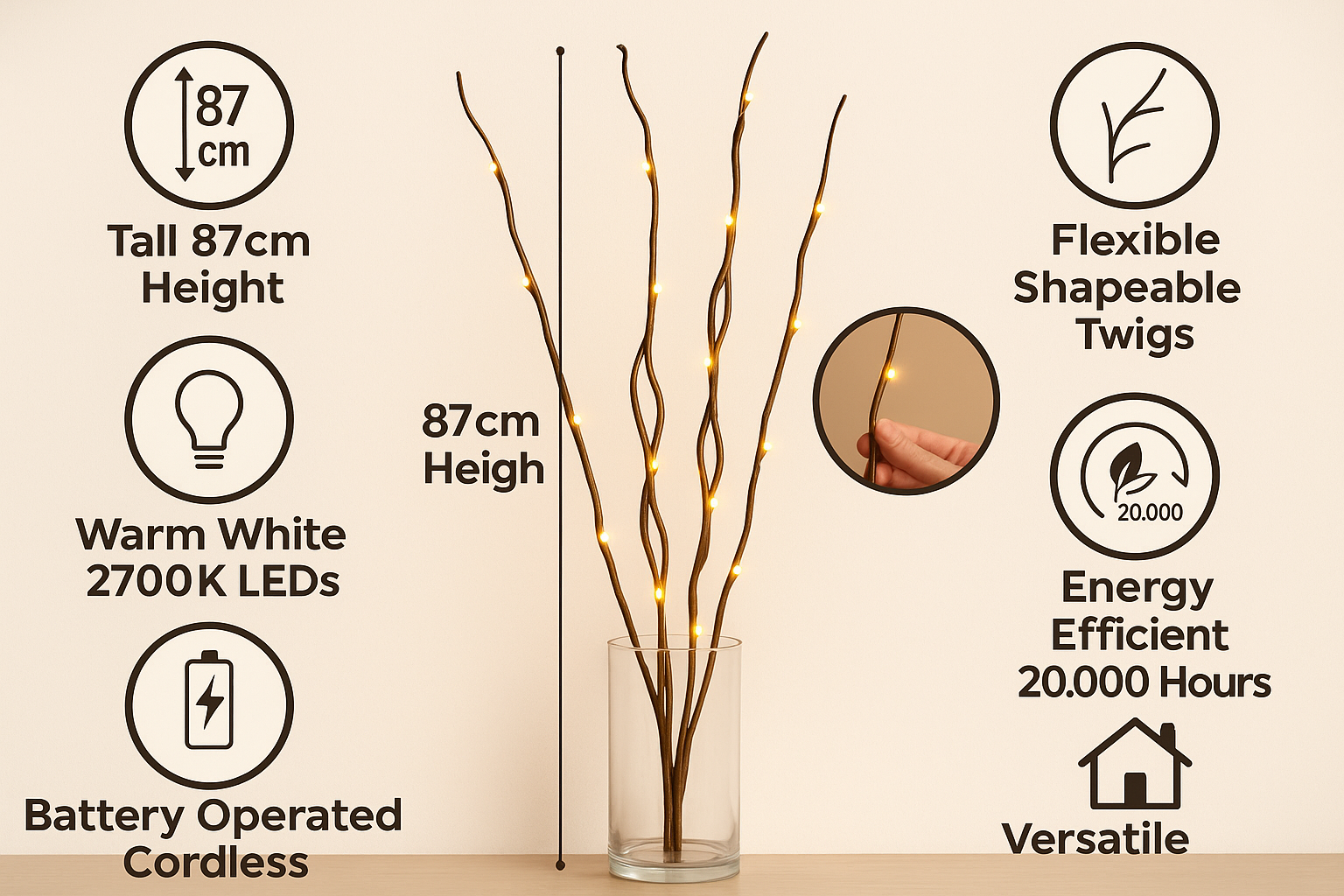 Decorative twig with LED lights in a glass vase, featuring product specifications on a beige background.