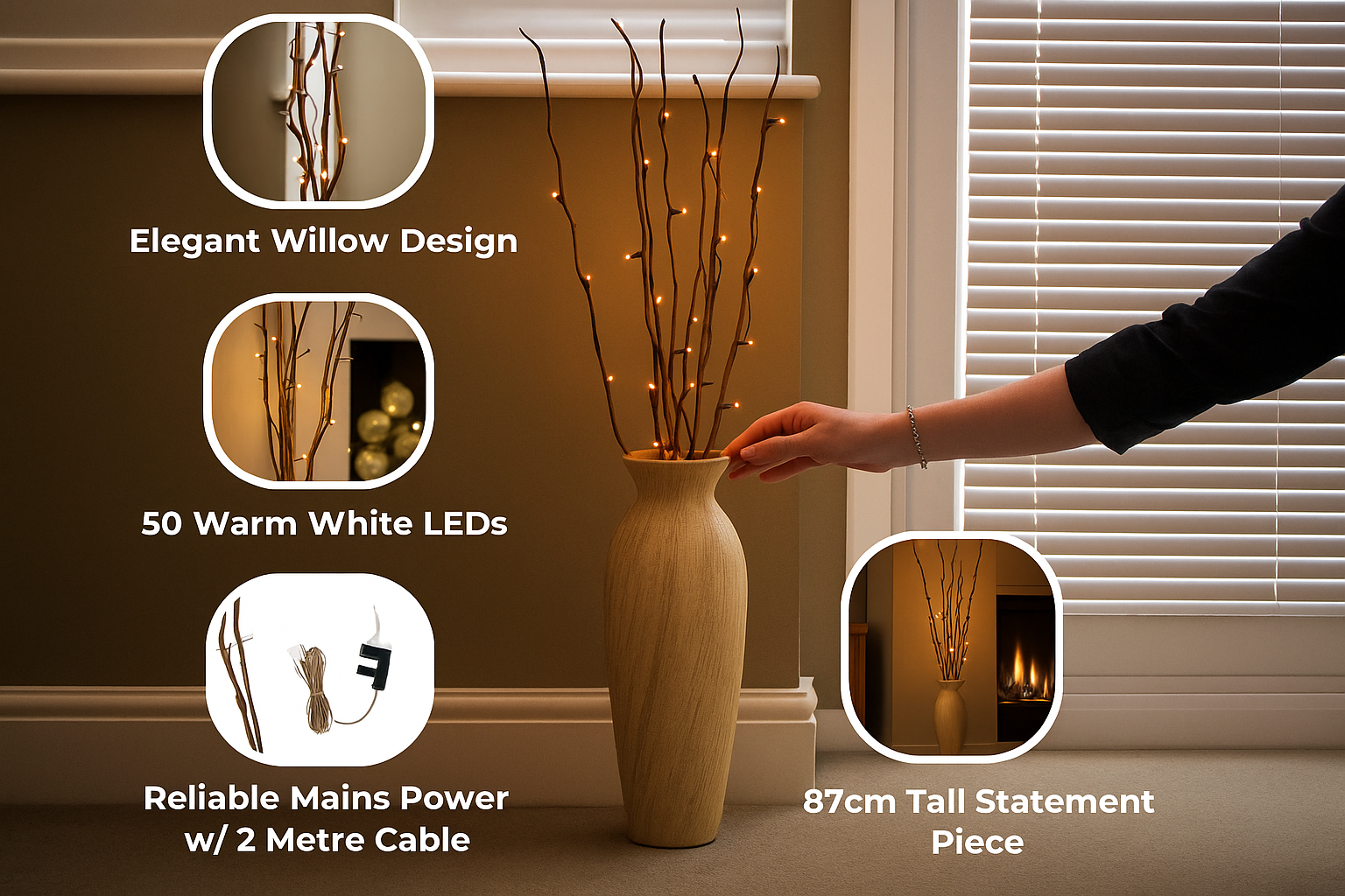 Decorative vase with LED lights, hand placing it on a surface, and product features highlighted.