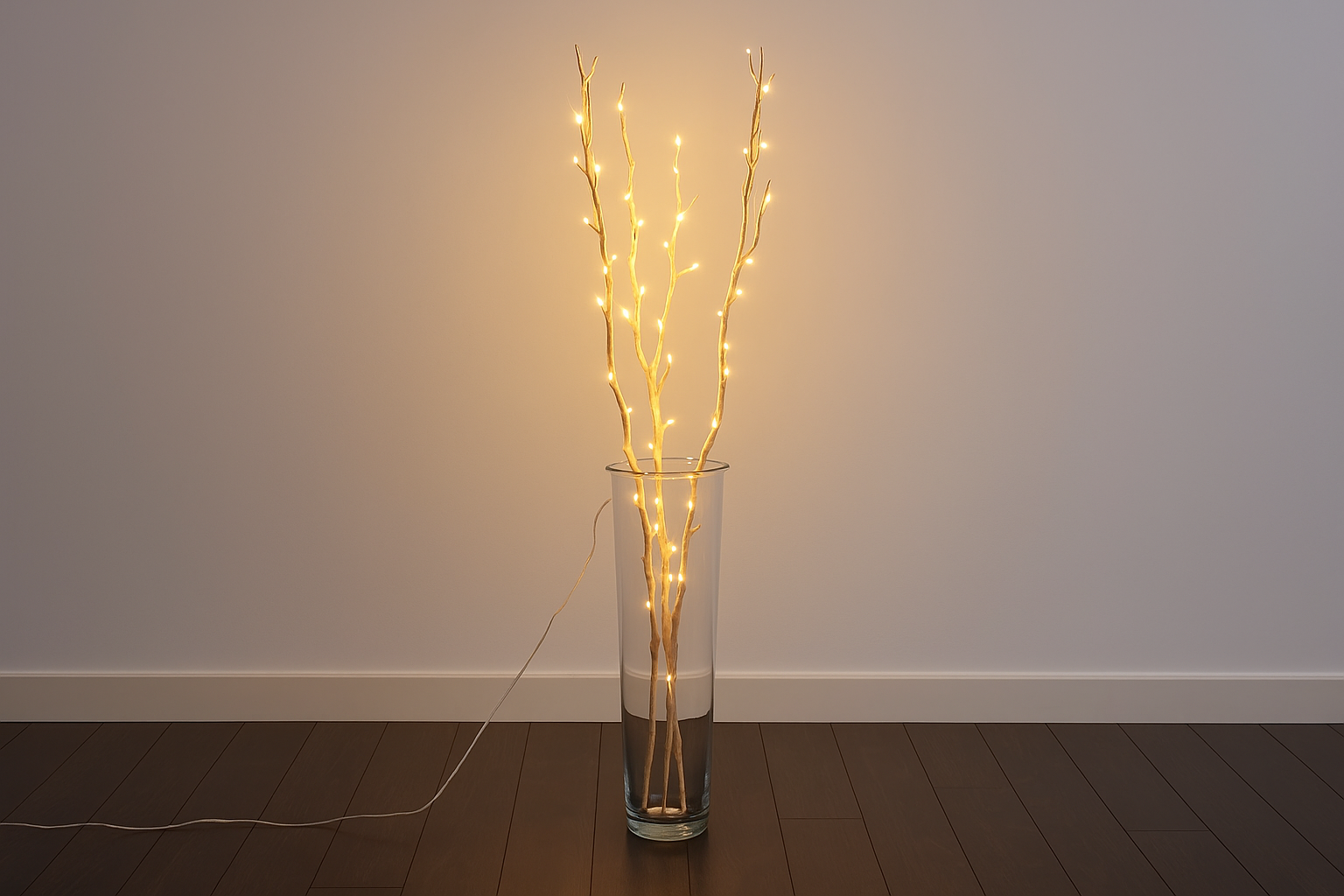 Decorative vase with lit branches against a plain wall