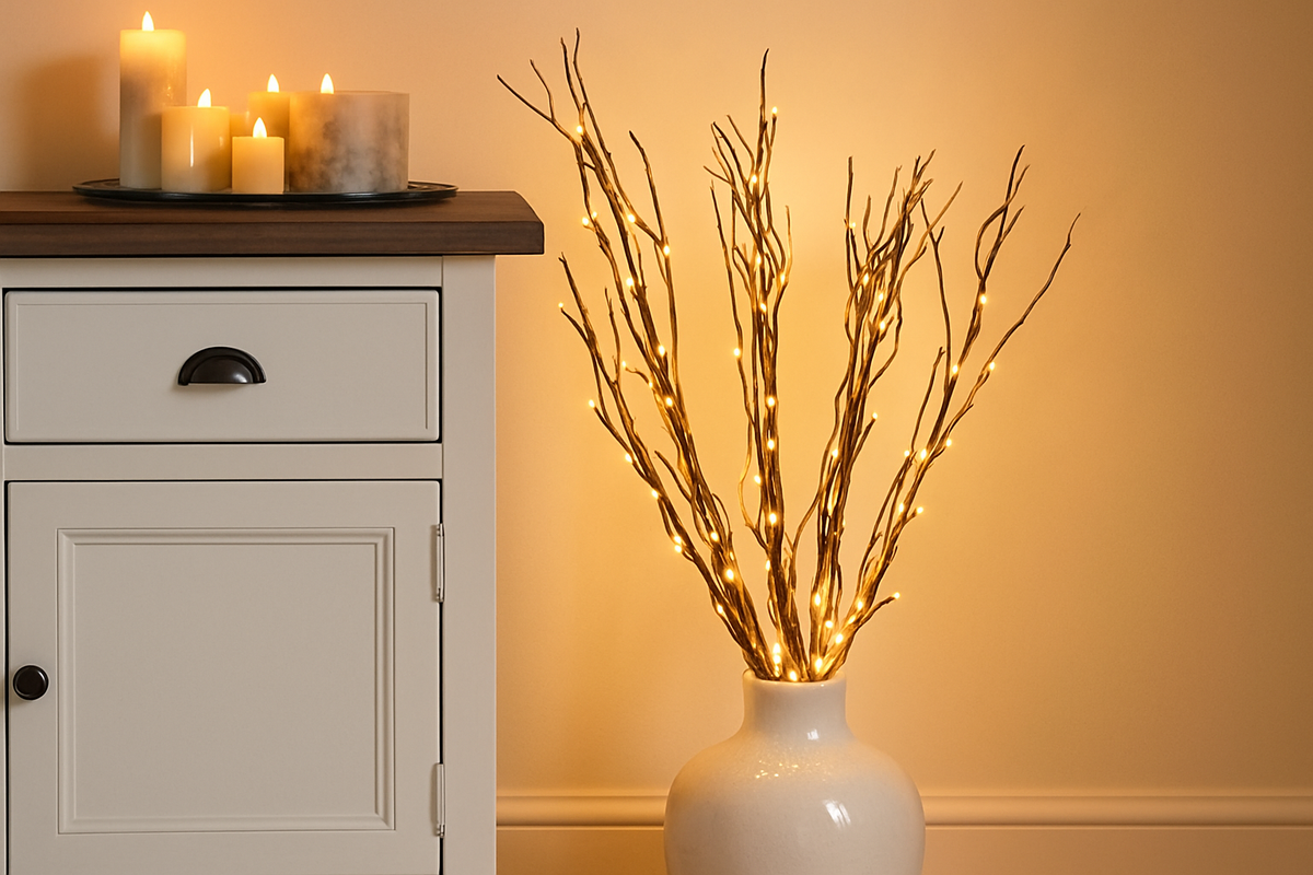 Decorative vase with lit branches next to a cabinet with candles