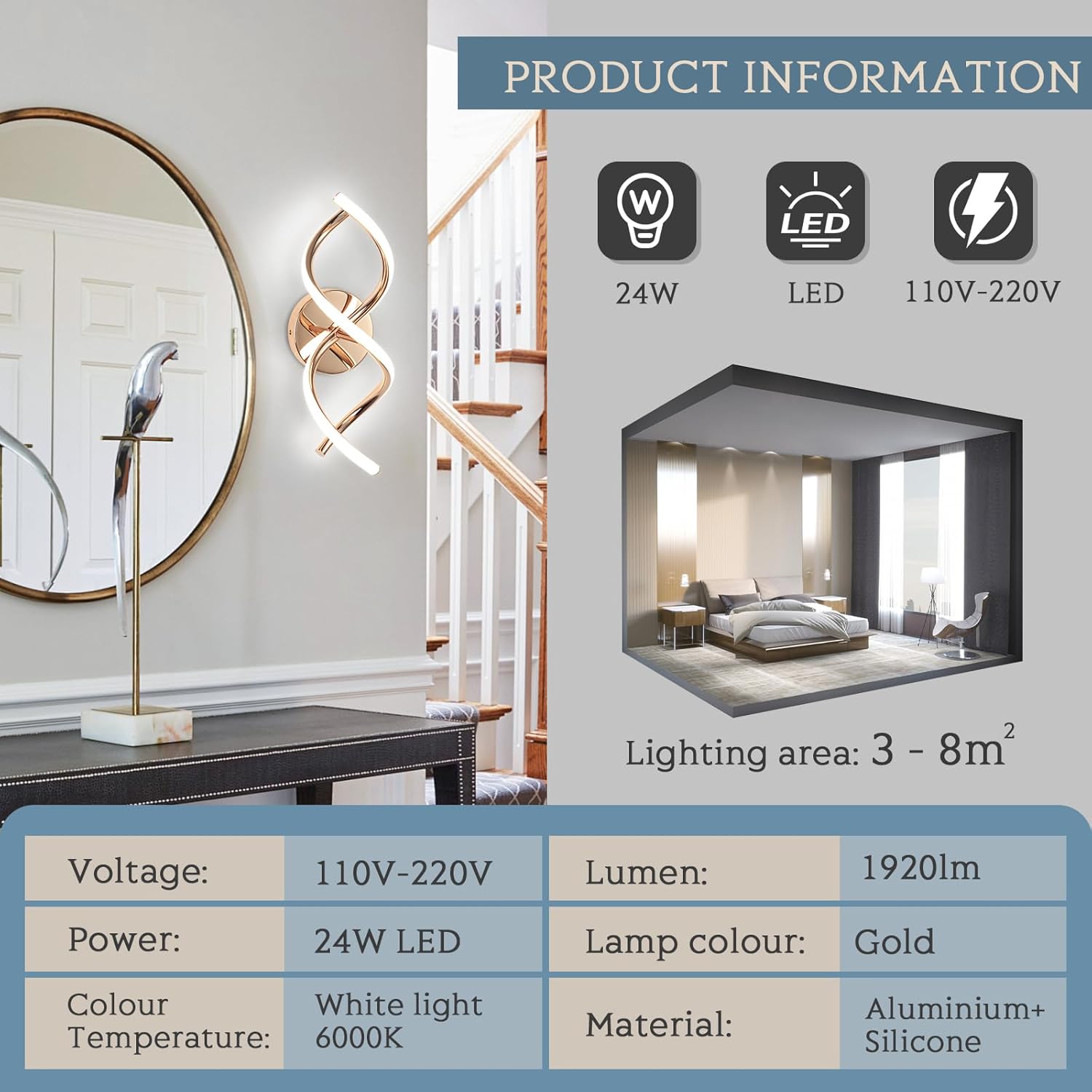 Decorative wall light fixture with product information panel in a home interior setting.