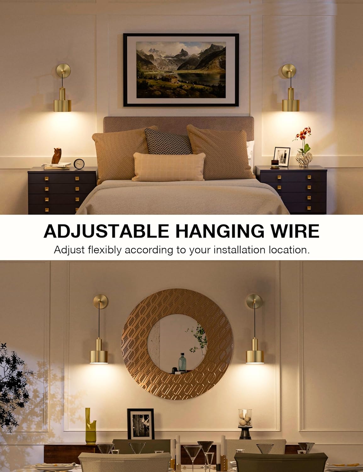 Decorative wall mirror with adjustable hanging wire in a modern interior setting.