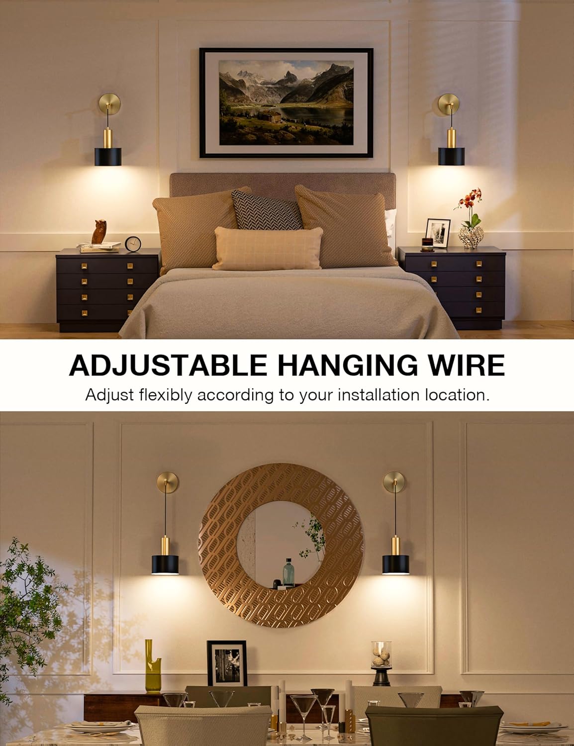Decorative wall mirror with adjustable hanging wire in a dining room setting.