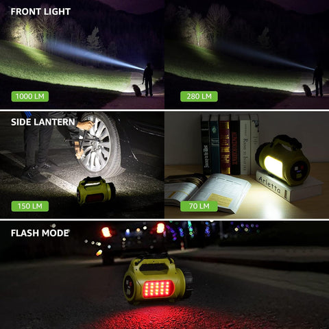 Demonstration of a flashlight's light output in various modes and settings.