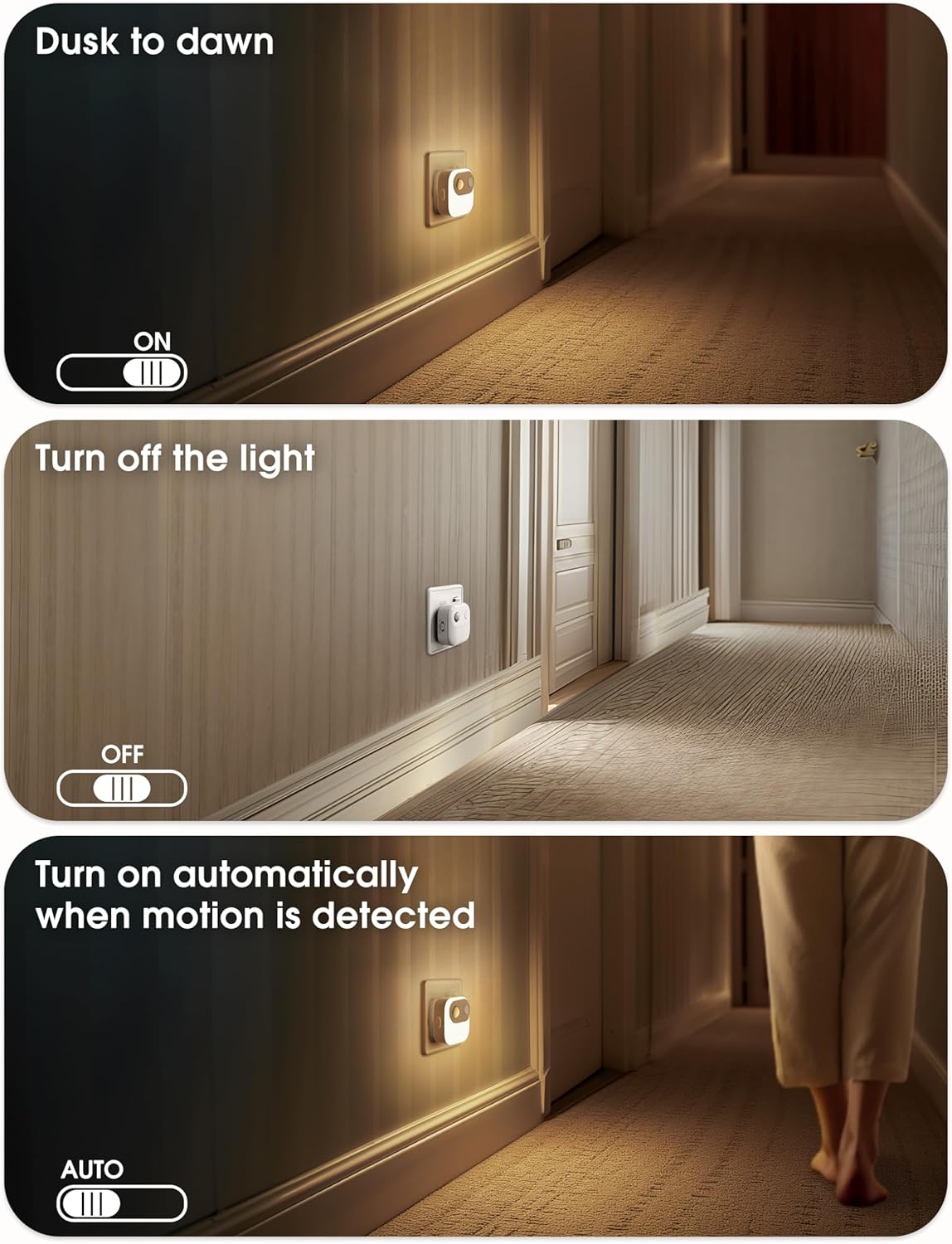 Demonstration of a motion-activated light switch in a home setting with different modes.