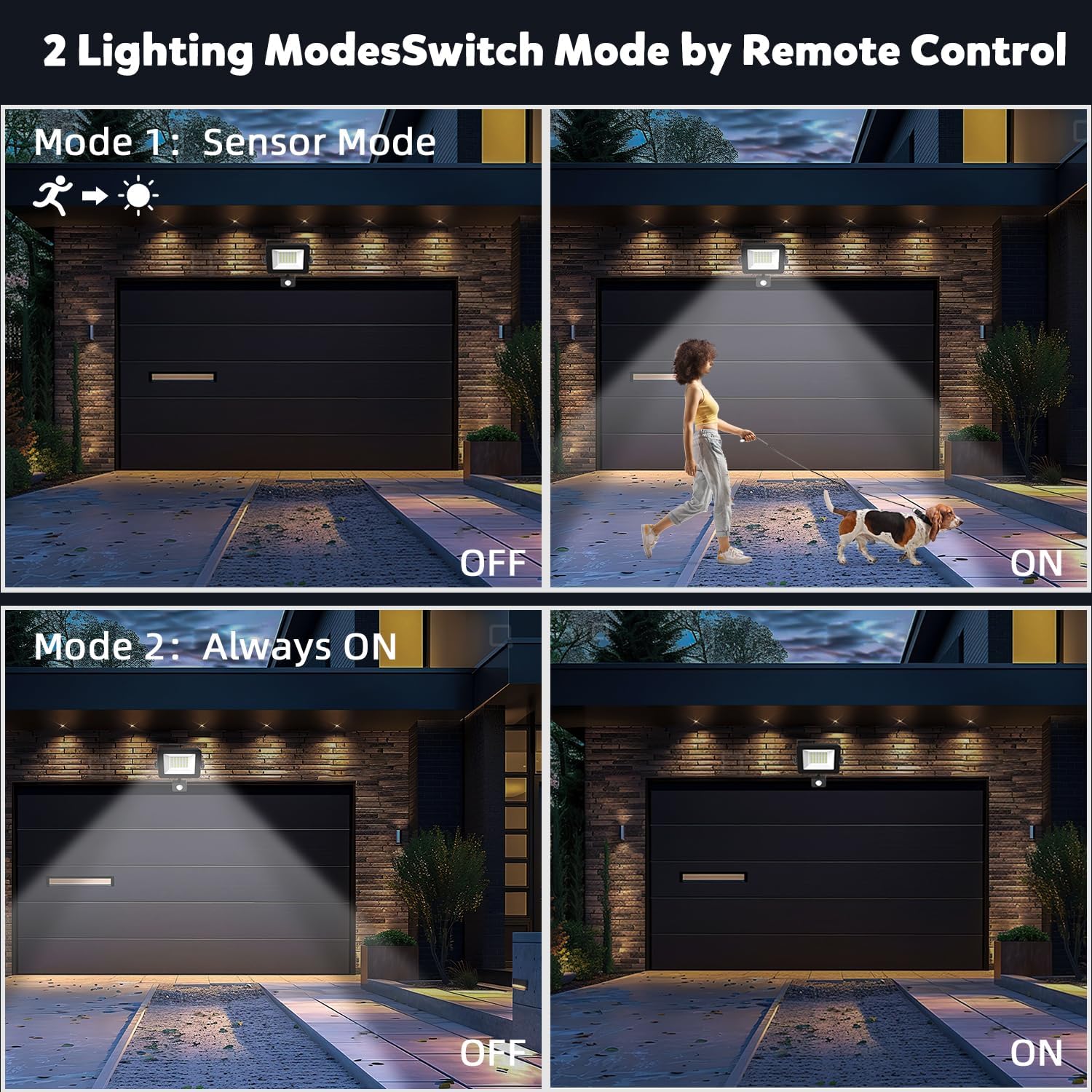 Demonstration of outdoor lighting modes with remote control, showing sensor mode and always on mode.