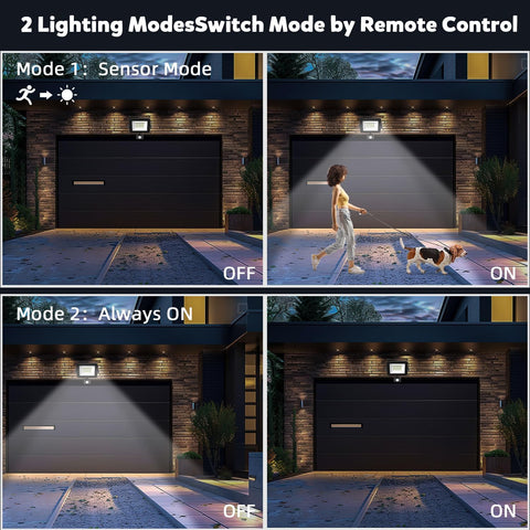 Demonstration of outdoor lighting modes with remote control, showing sensor mode and always on mode.