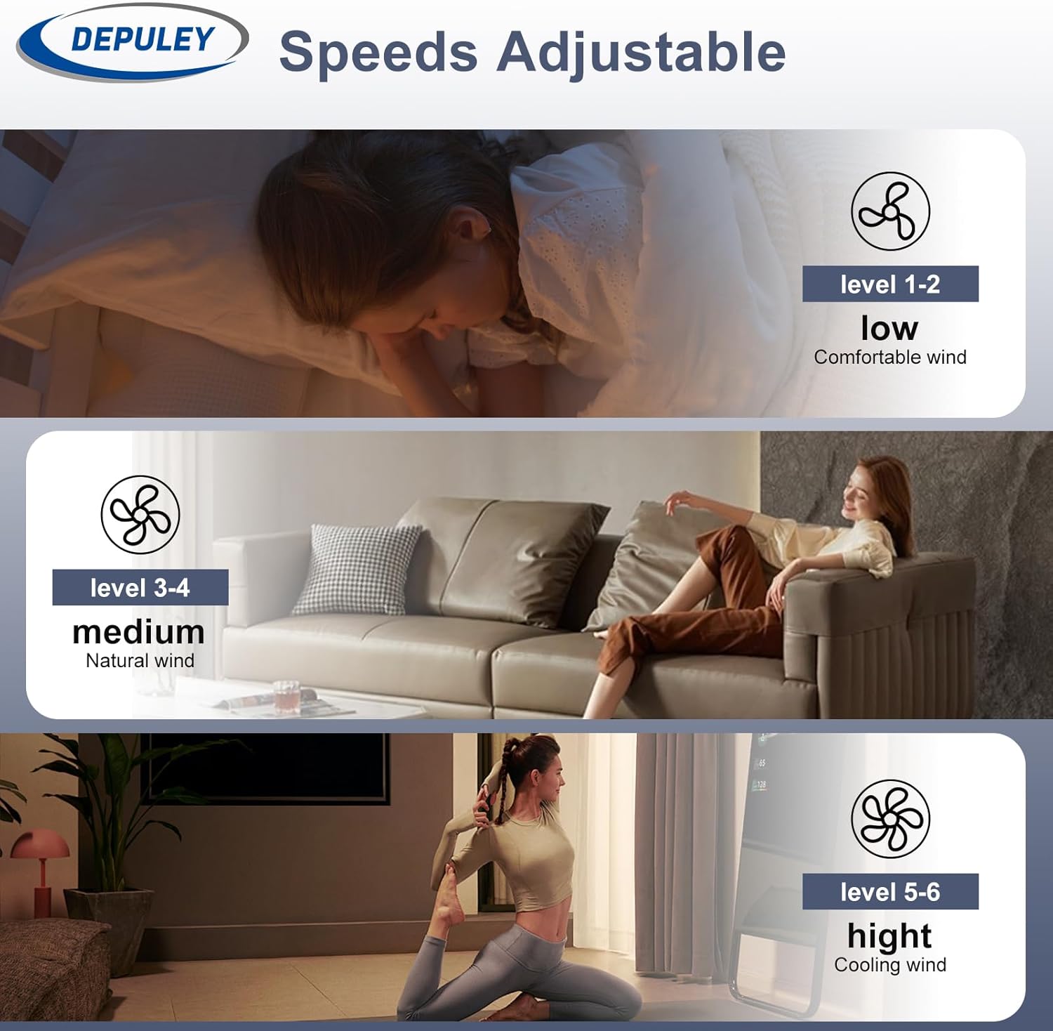 Depuley air conditioner speed settings with lifestyle images and text.