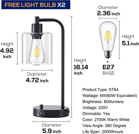 Desk lamp with dimensions and specifications on a white background