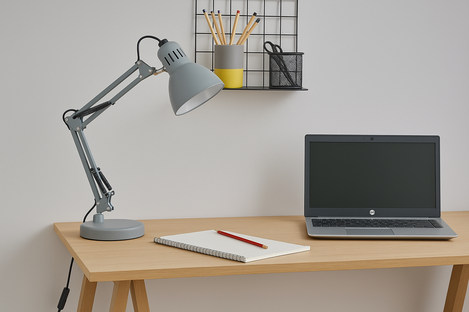 Desk setup with a laptop, notebook, pen, and adjustable lamp on a light wooden desk.