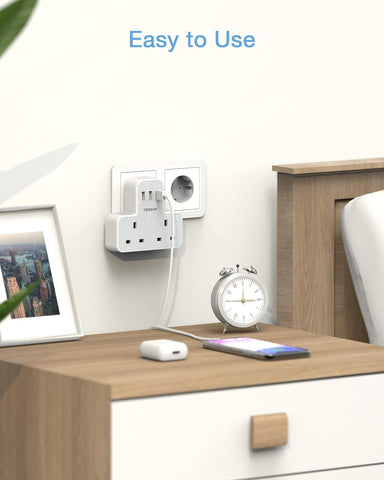 Desk setup with a power strip, clock, and phone, featuring the text 'Easy to Use'.