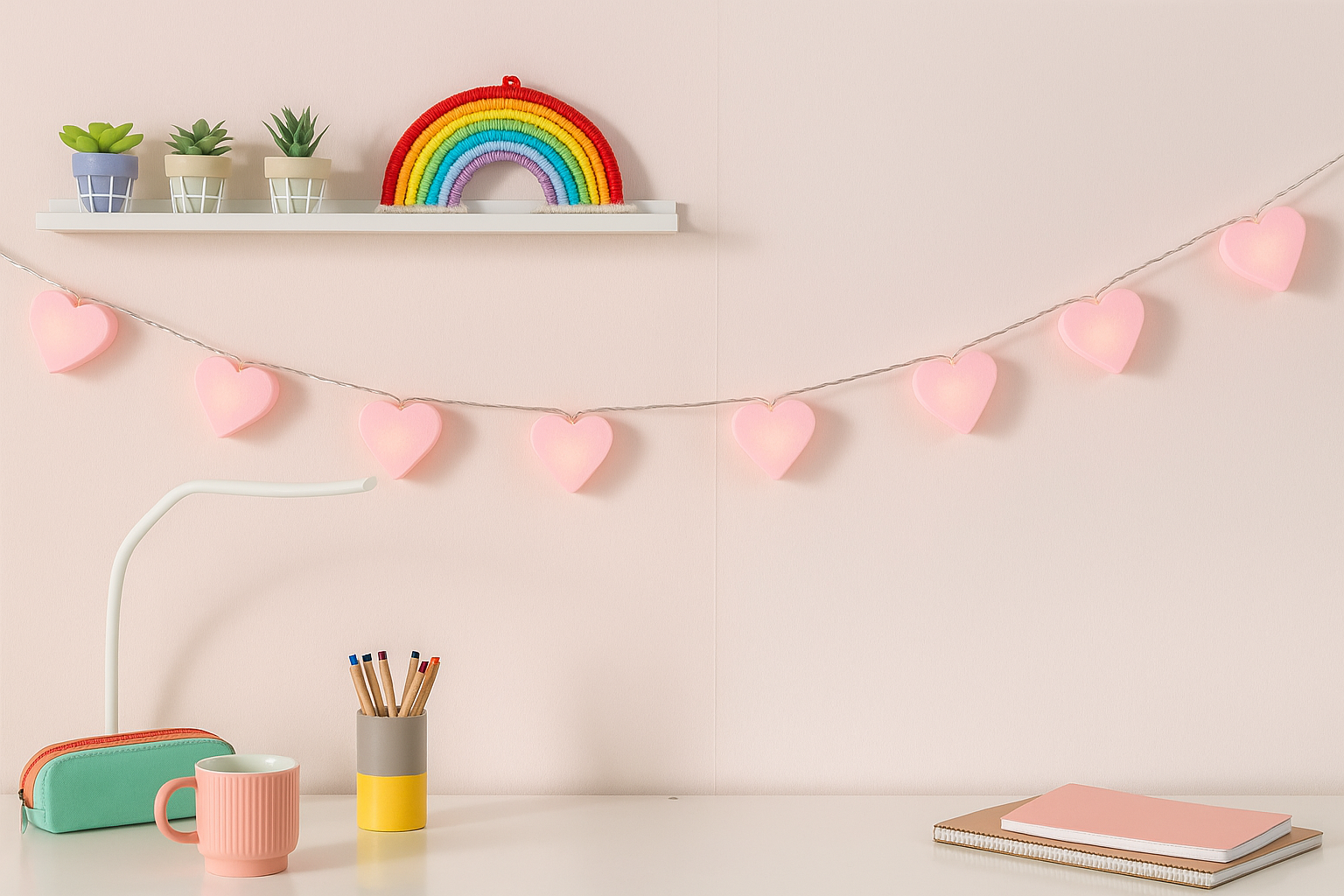 Desk setup with a rainbow decoration, heart-shaped garland, and stationery items on a light pink wall.