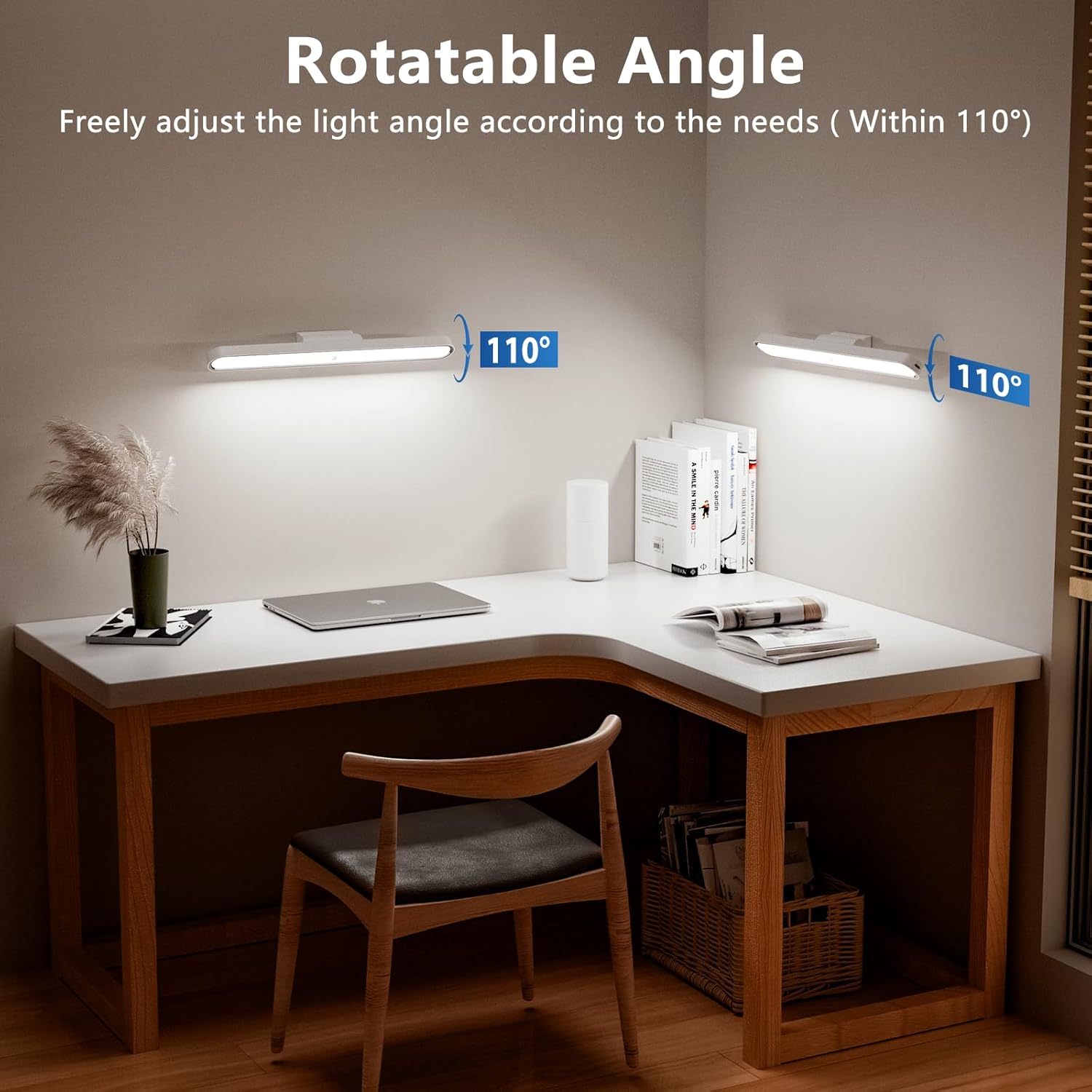 Desk setup with two wall-mounted lights adjustable to a rotatable angle of 110 degrees.