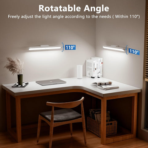Desk setup with two wall-mounted lights adjustable to a rotatable angle of 110 degrees.