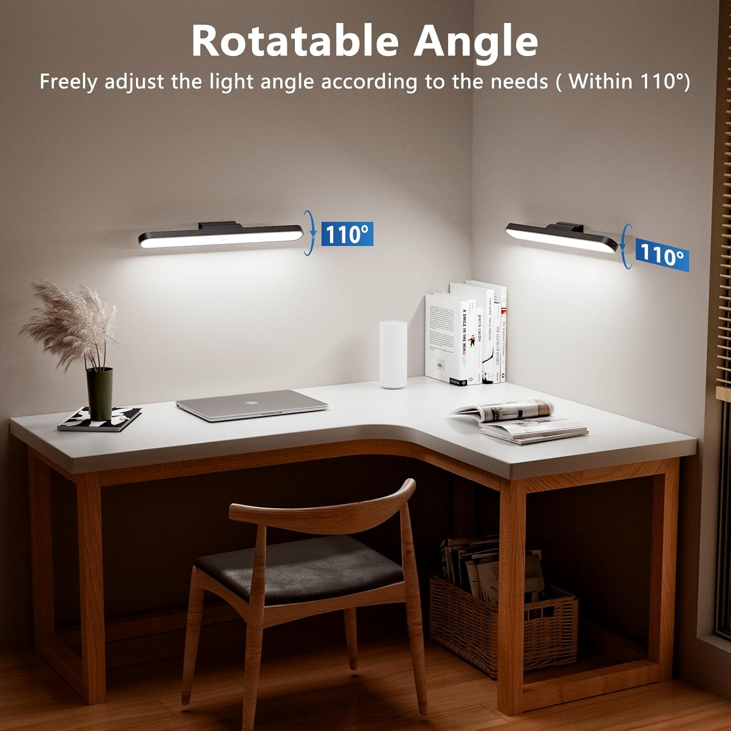 Desk setup with two wall-mounted lights showing rotatable angle feature.