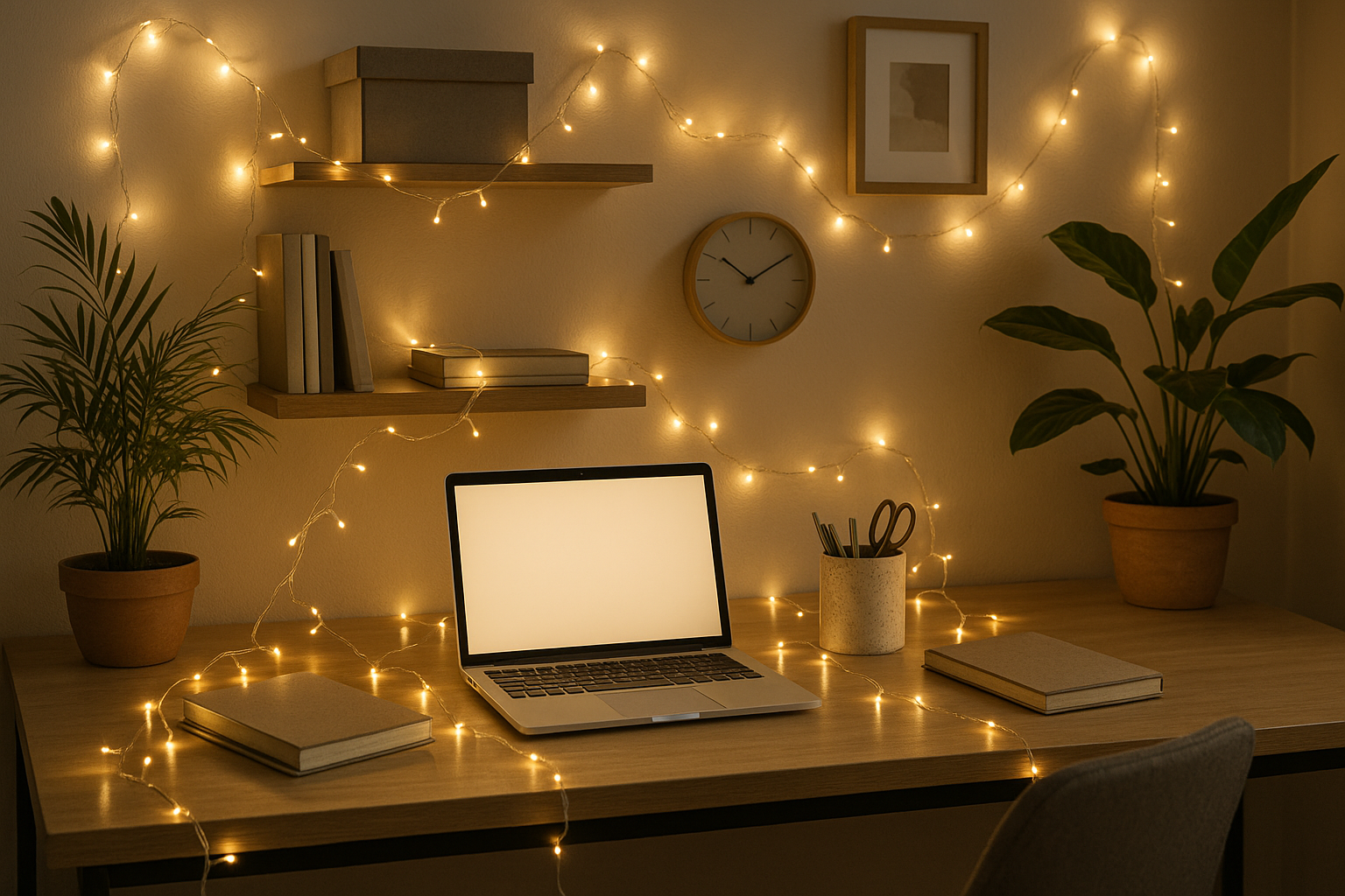 Desk with laptop, notebook, and plants decorated with string lights in a cozy room.
