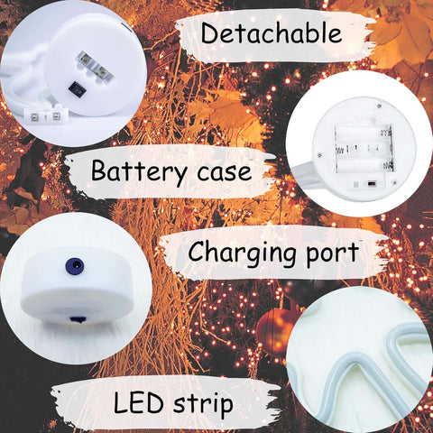Detachable battery case, charging port, and LED strip of a fire alarm on a decorative background.