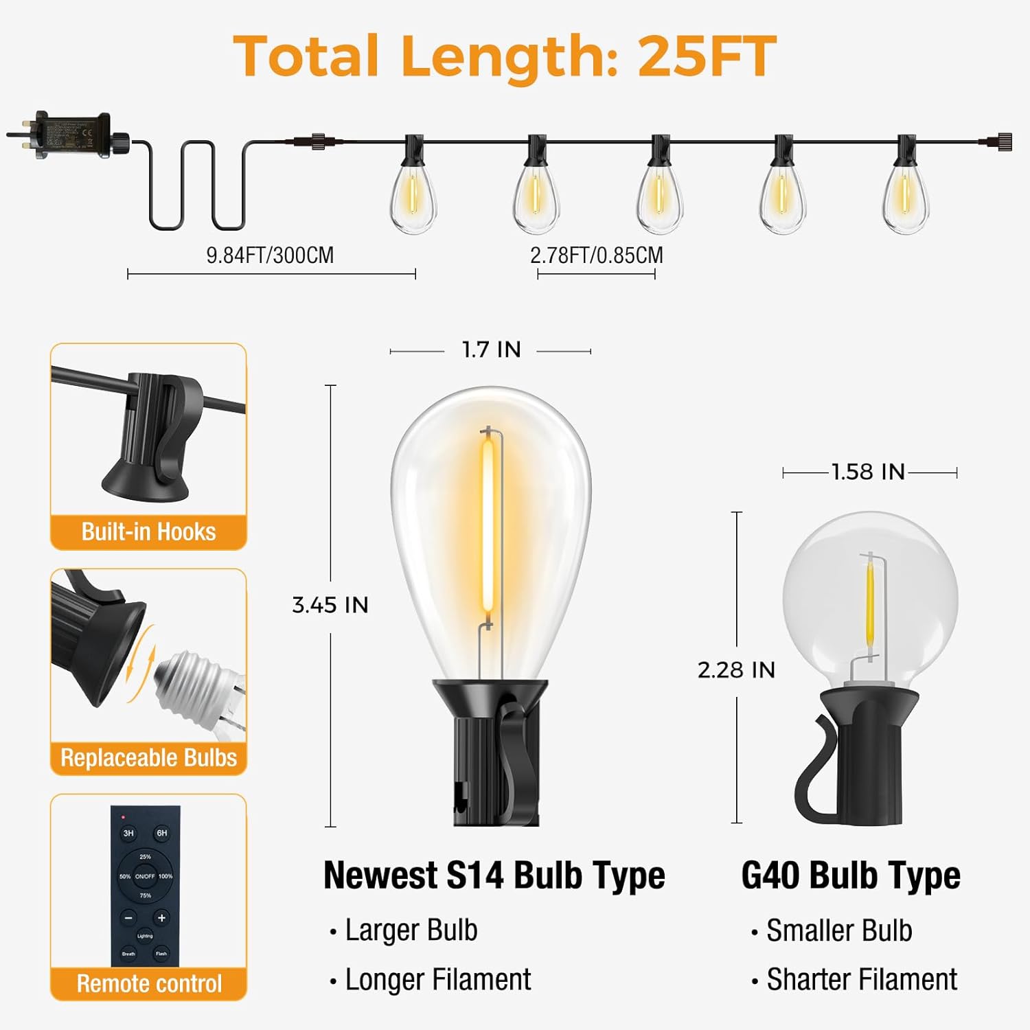 Detailed diagram of a string light system with bulb types and measurements.