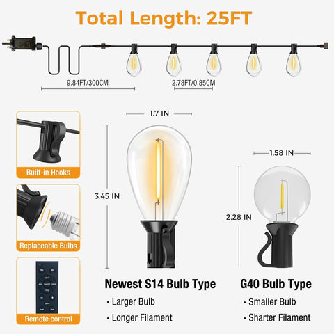 Detailed diagram of a string light system with bulb types and measurements.