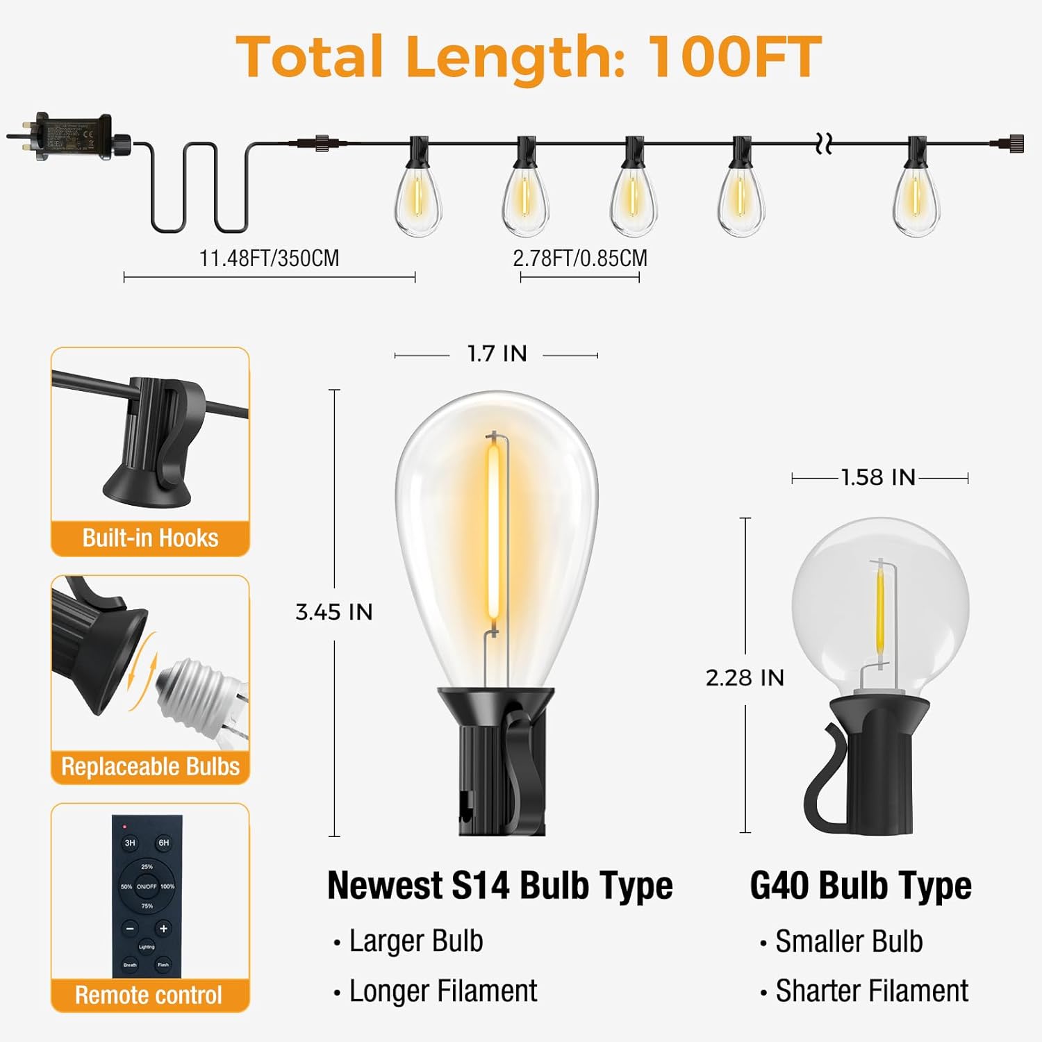 Detailed diagram of outdoor string lights with bulb types and measurements.