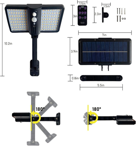 Detailed view of a solar-powered outdoor light system with dimensions and features.