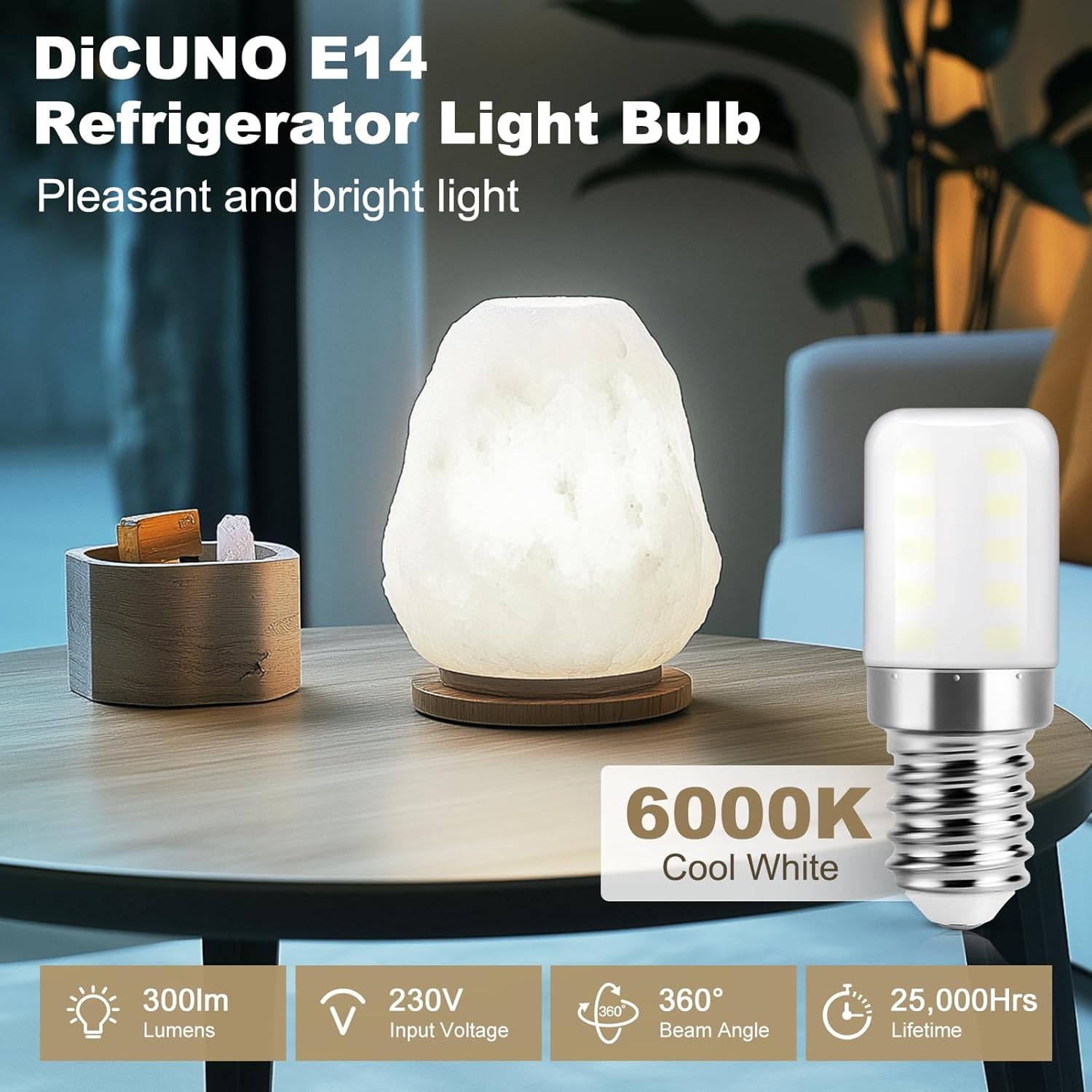 DiCUNO E14 refrigerator light bulb with a salt lamp on a table.
