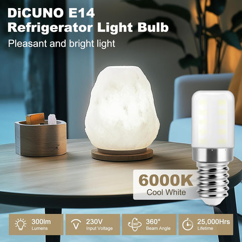 DiCUNO E14 refrigerator light bulb with a salt lamp on a table.
