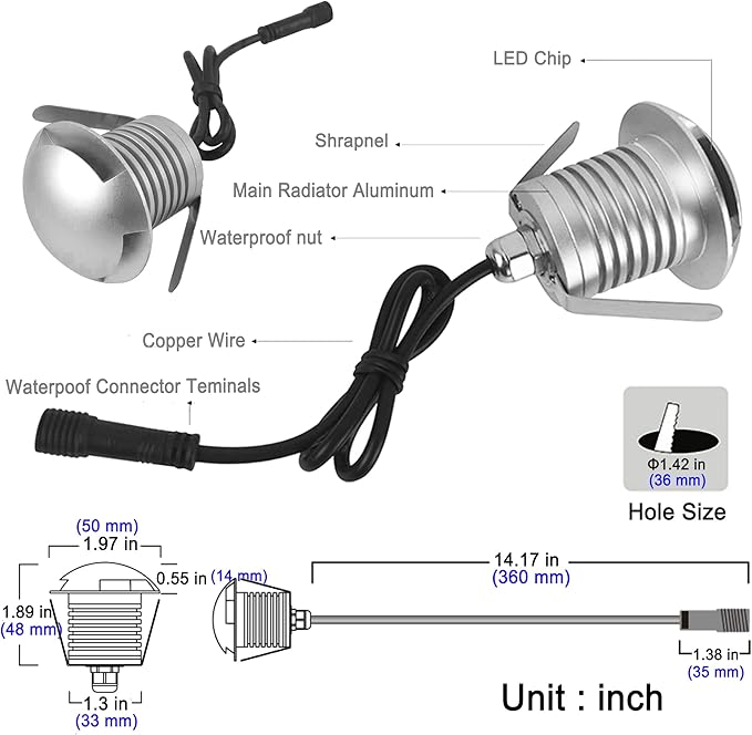 Diagram of a LED light bulb with labeled parts and measurements.