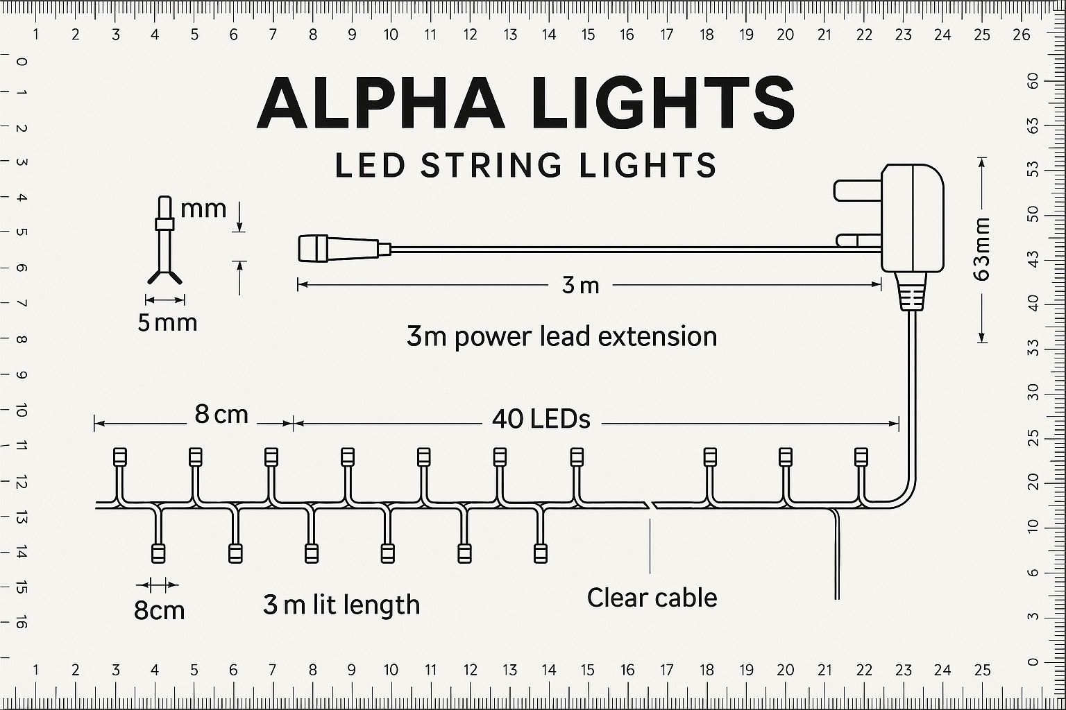 Diagram of LED string lights with specifications on a ruler background