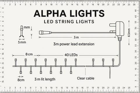 Diagram of LED string lights with specifications on a ruler background