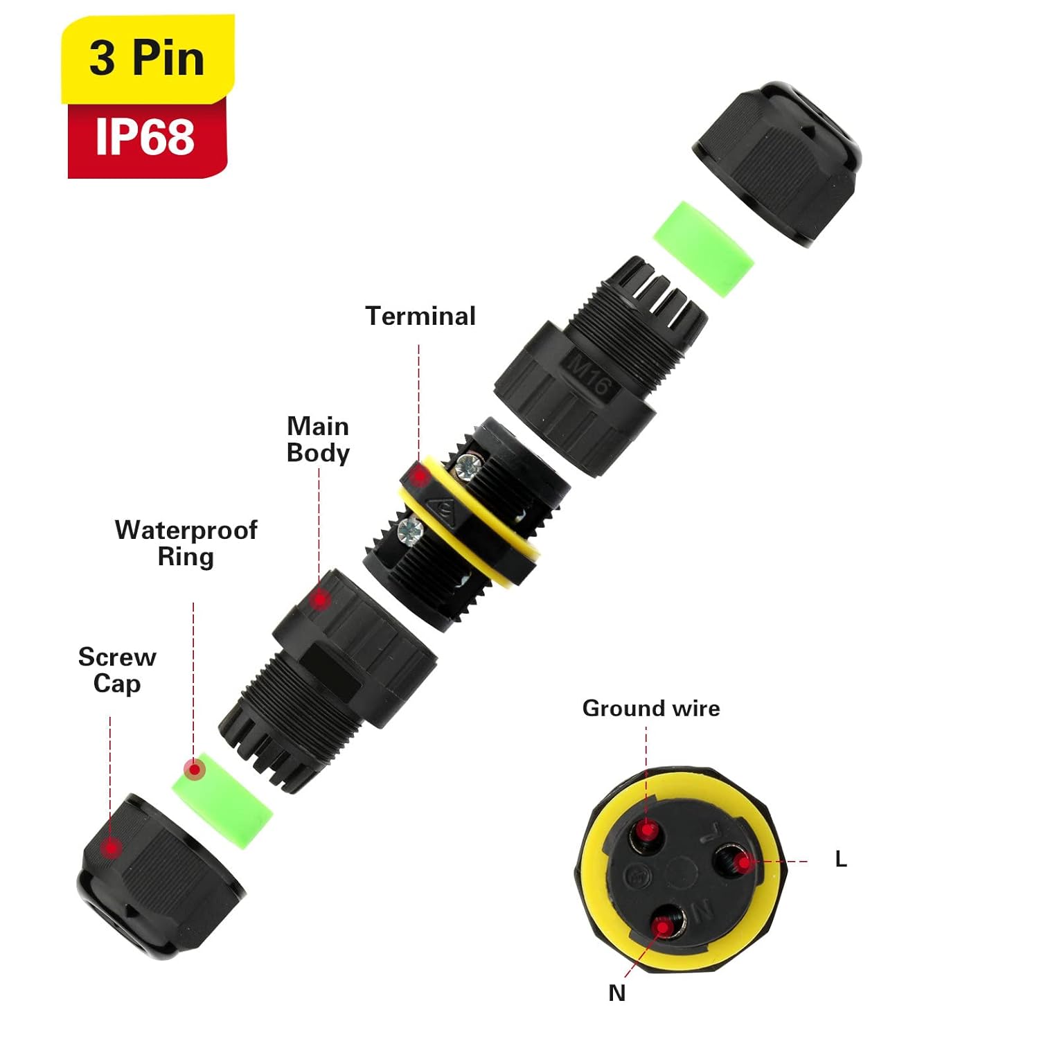 Diagram of a 3-pin waterproof connector with labeled parts on a white background.