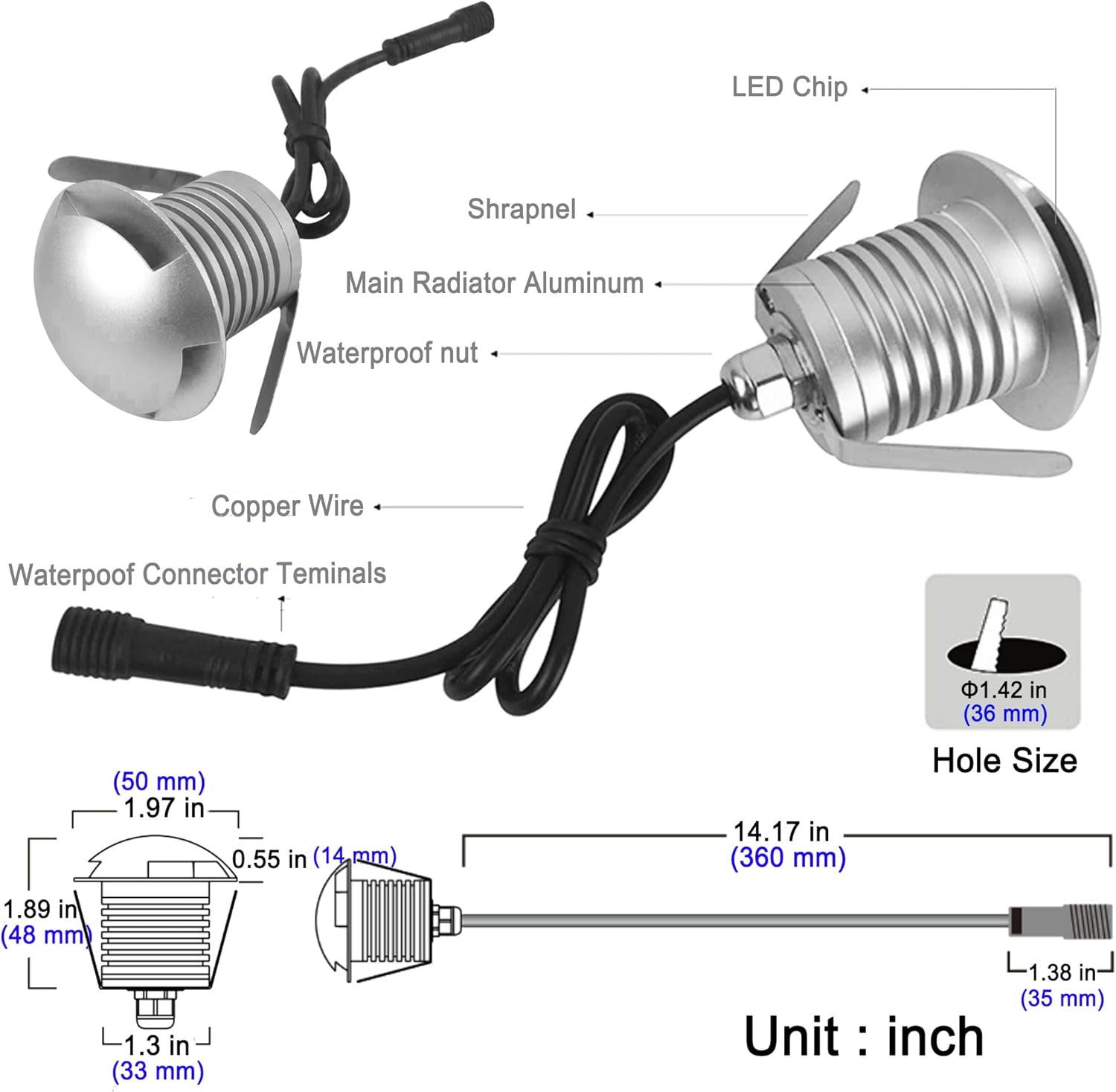 Diagram of a LED light bulb with labeled parts and measurements.