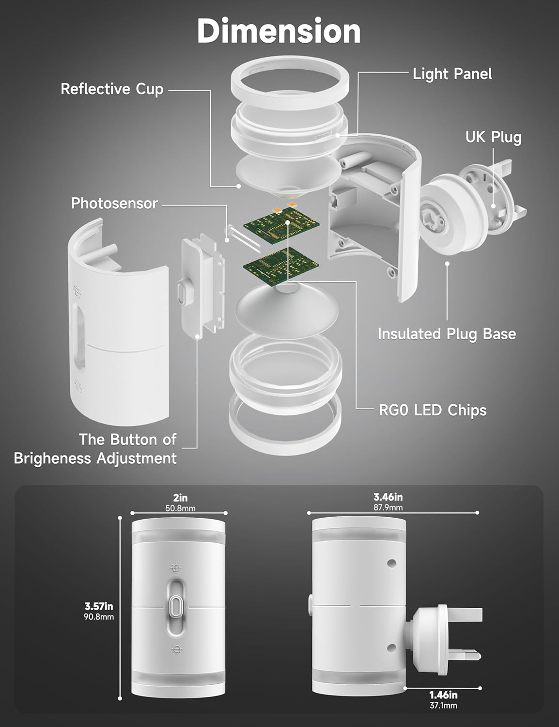 Diagram of a LED light fixture with labeled parts and dimensions on a dark background
