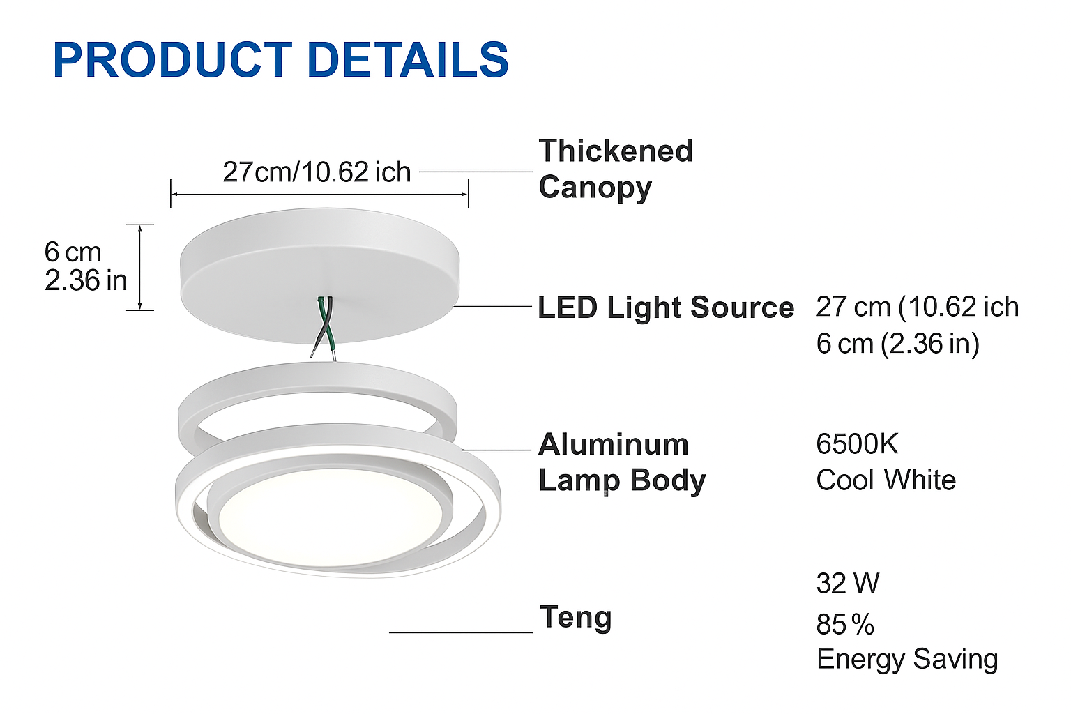 Diagram of a ceiling light fixture with labeled parts and specifications.