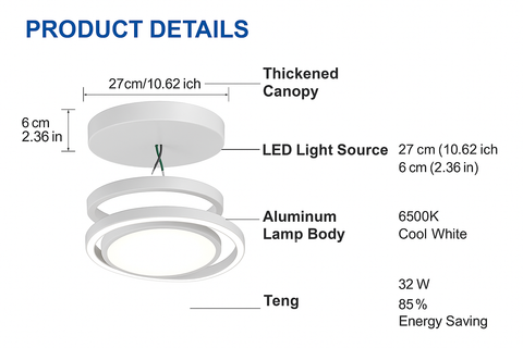 Diagram of a ceiling light fixture with labeled parts and specifications.