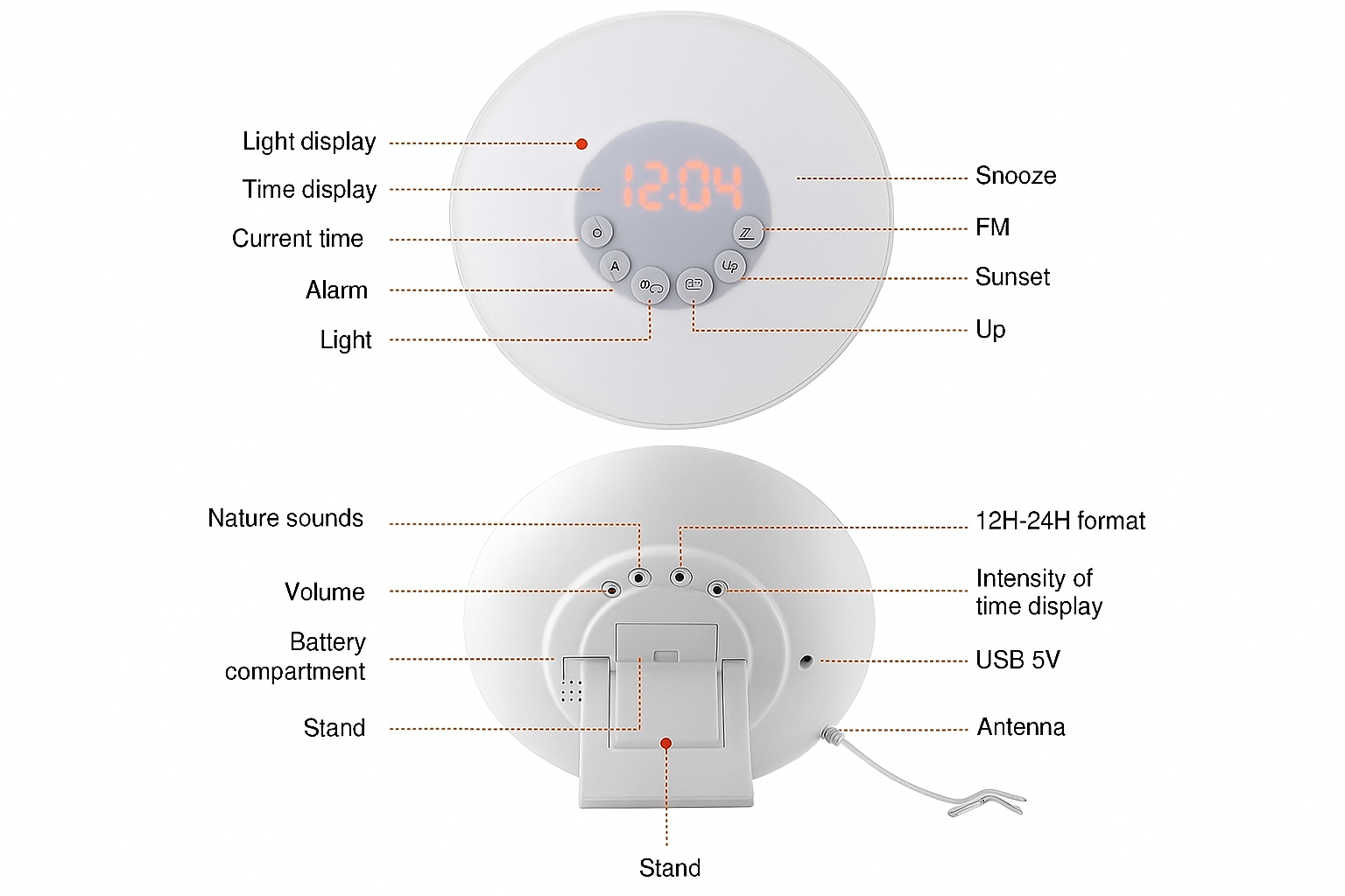 Diagram of a clock with labeled components on a white background