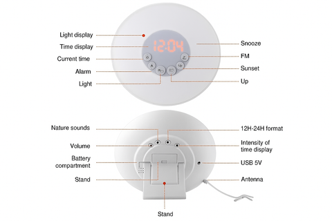 Diagram of a clock with labeled components on a white background