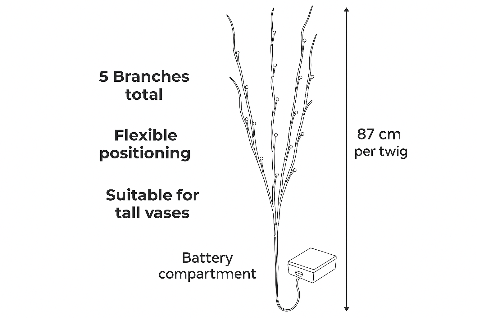 Diagram of a decorative branch setup with specifications on a white background