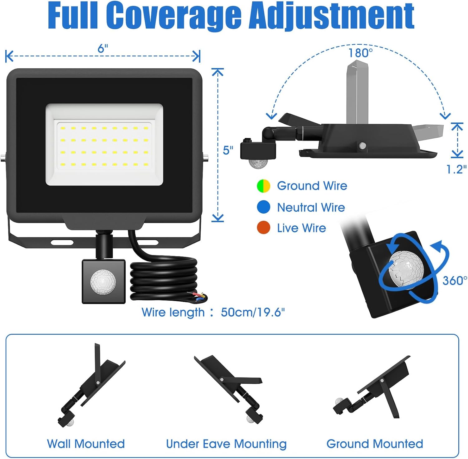 Diagram of a flood light with mounting options and wiring details on a white background.