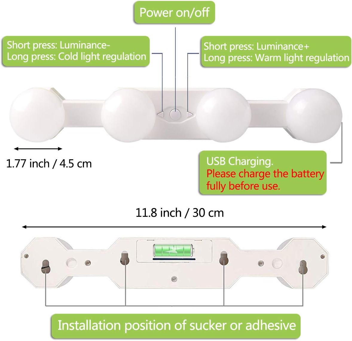 Diagram of a light fixture with features and dimensions labeled
