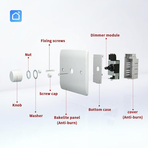 Diagram of a light switch assembly with labeled parts on a white background