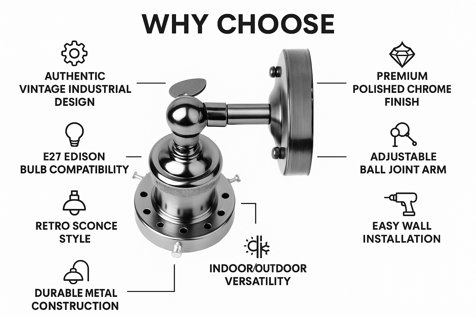 Diagram of a metal fixture with features listed on a white background