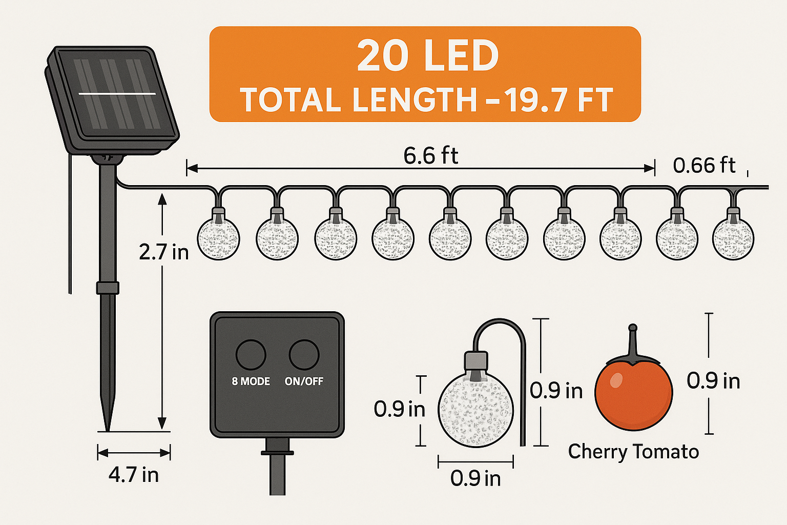Diagram of a solar-powered LED string light system with dimensions and specifications.