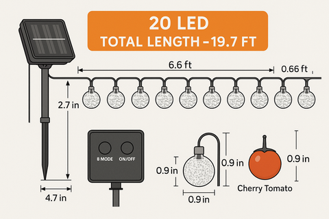 Diagram of a solar-powered LED string light system with dimensions and specifications.