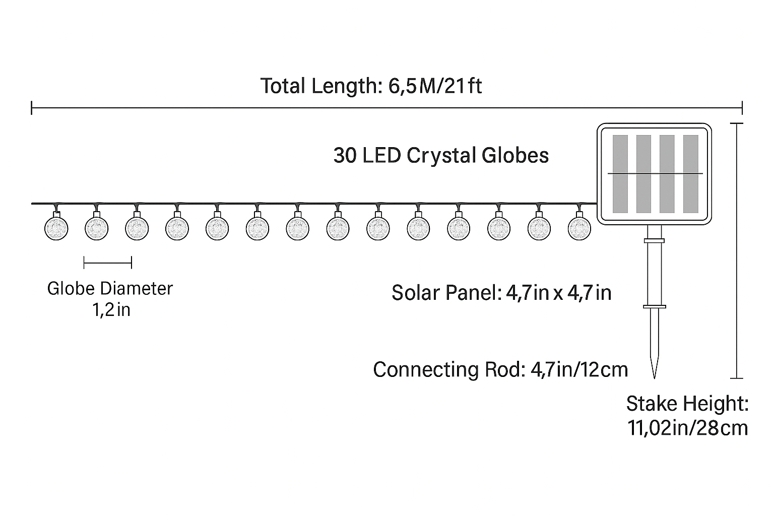 Diagram of a solar-powered string light system with dimensions and specifications.