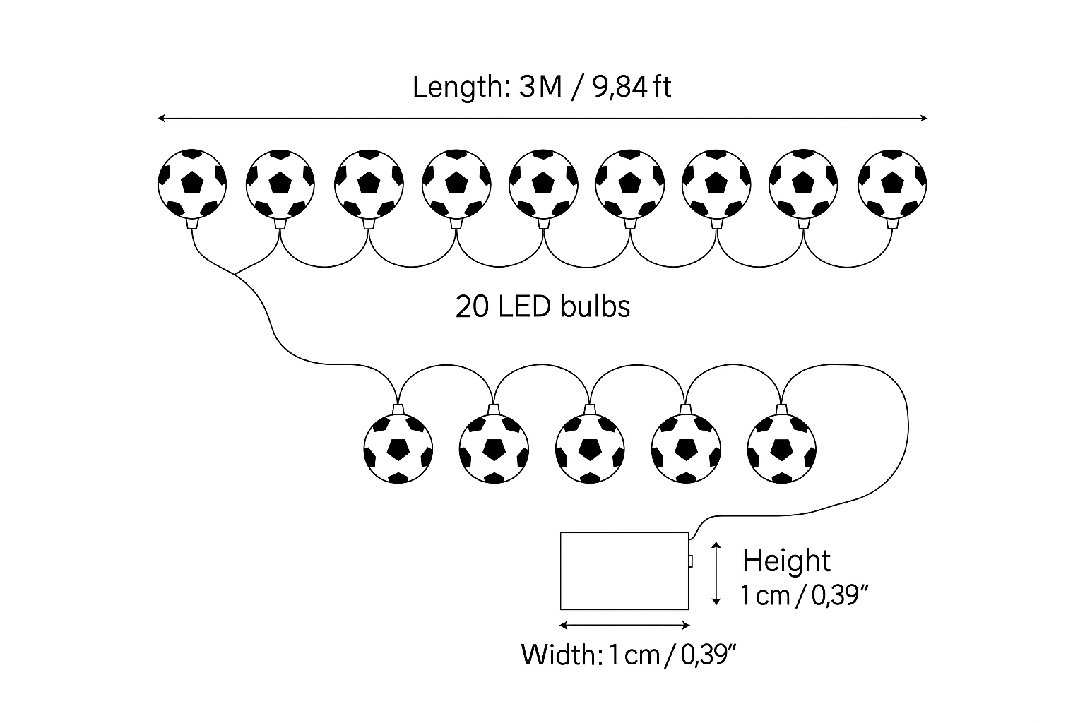 Diagram of a string of soccer ball-shaped lights with measurements and details.