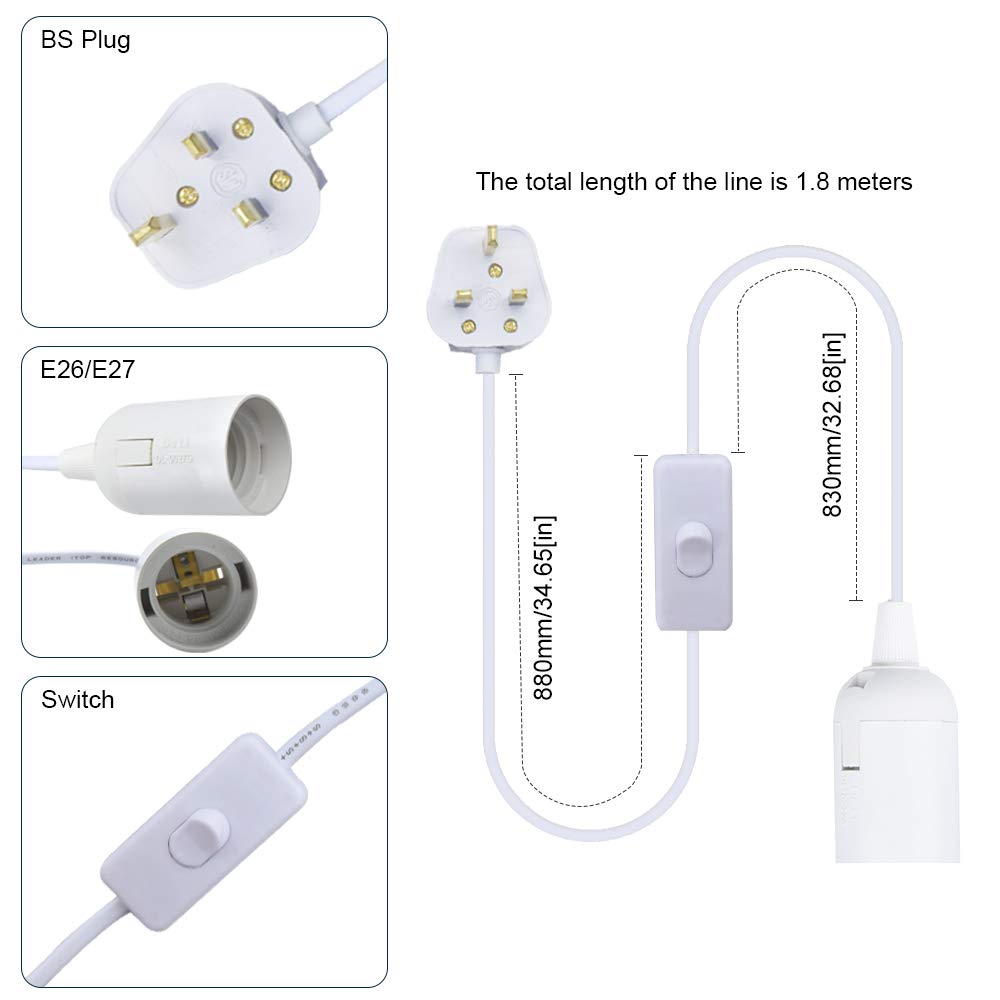 Diagram of a white light fixture with plug, socket, and switch components on a white background.